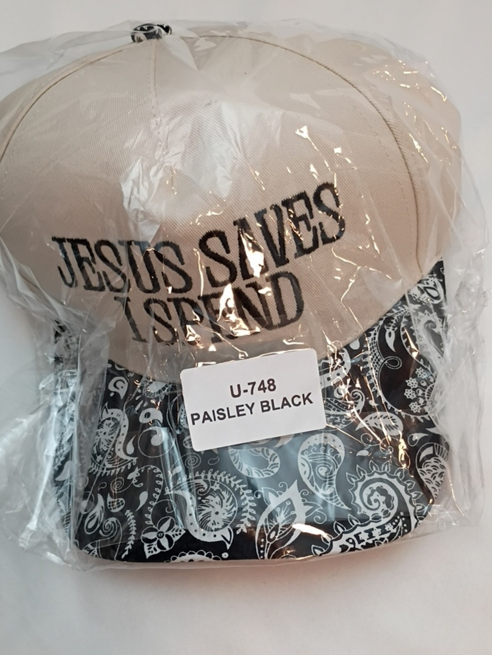Women's Jesus Saves I Spend Men’s Beige Cap with Black Paisley Brim